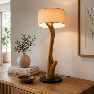 Lampe de sol en racine de teck avec abat-jour en forme de tambour, commande tactile, lumière blanche neutre, base en bois, design Wabi-Sabi, décoration d'intérieur - Product Image 4