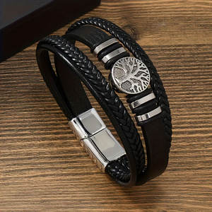 Anti Tarnished 316L Stainless Steel Fashion <b>Men</b>’s Gold <b>Bracelet</b> & Bangle Tree of Life <b>Leather</b> Magnetic Wrap <b>Bracelet</b> For <b>Men</b> - Product Image 3