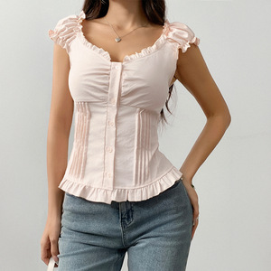 Bdbh Estilo Y2K de moda transfronteriza entre Europa y Estados Unidos, <span class=keywords><strong>chaleco</strong></span> de verano de manga corta con ribete de madera, ropa de <span class=keywords><strong>mujer</strong></span> para otoño y - Product Image 2