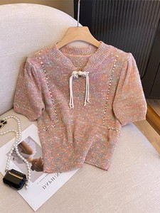 Suéter de punto acanalado con cuello redondo y estampado floral vintage para mujer, blusa informal de verano con manga corta abullonada - Product Image 3