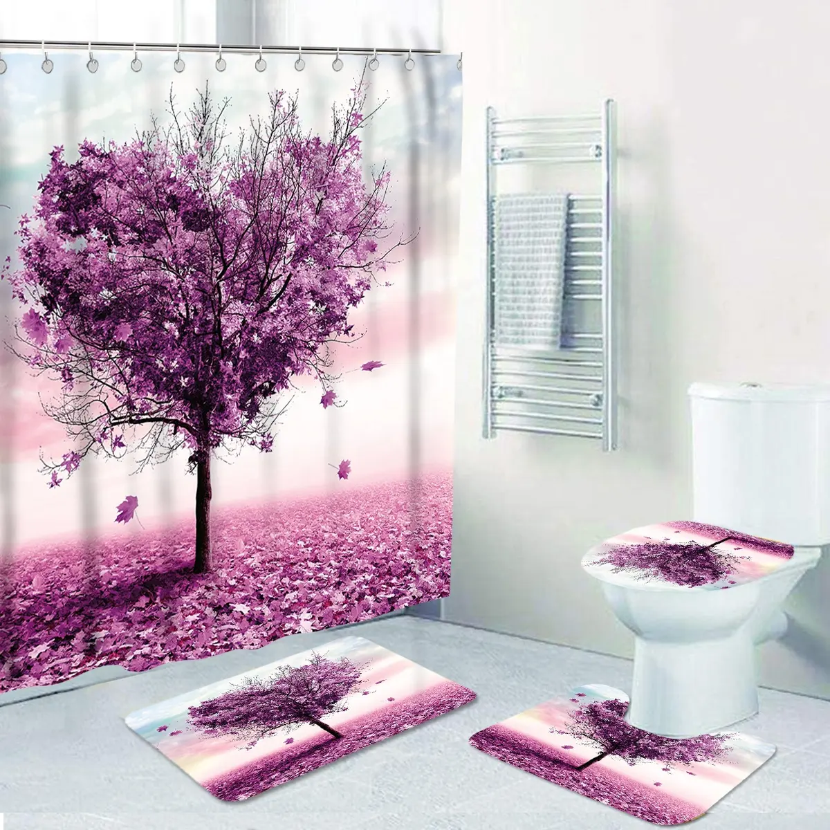 Modern Watercolor luxury shower curtain tree shower curtain set with bath mat rug set for bathroom customized Cheap price