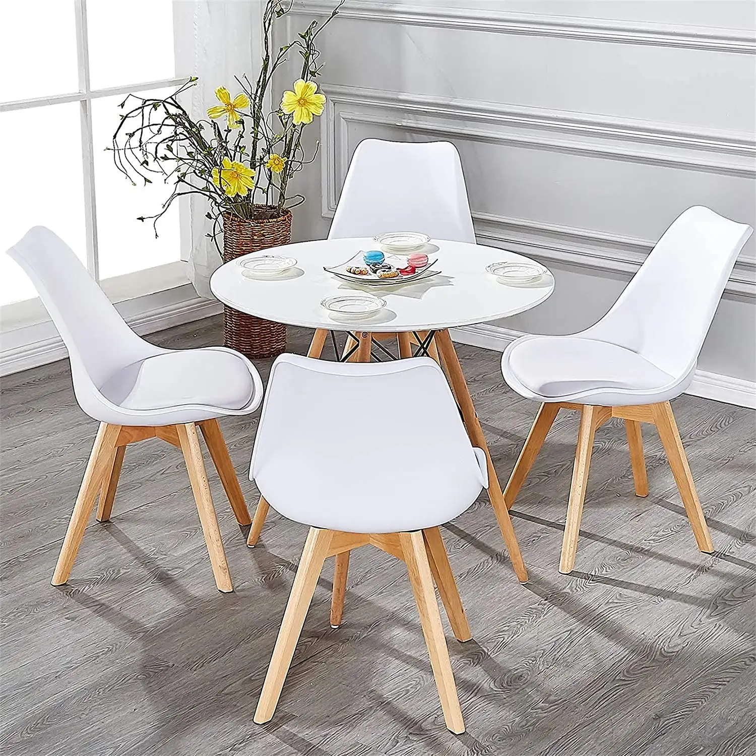 Muebles de comedor de calidad, juego de mesa de comedor de MDF con patas de madera de haya, ahorro de espacio, plástico blanco, 4 sillas