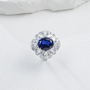 925 Sterling Silver Lab Created Sapphire Oval Cut Floral Halo <b>Statement</b> <b>Ring</b> - Product Image 1