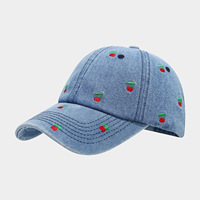 Gorra de Béisbol de Mezclilla con Bordado de Cereza, Gorras de Béisbol Unisex de Algodón Lavado de 6 Paneles, Gorras Deportivas Casuales para Exteriores