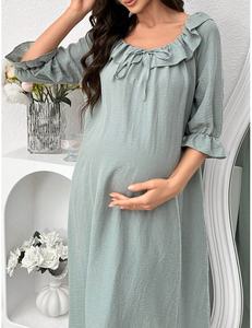 Robes de nuit amples de maternité avec col à volants et nœud sur le devant, pyjamas en coton, robe de nuit de maternité pour femmes - Product Image 4