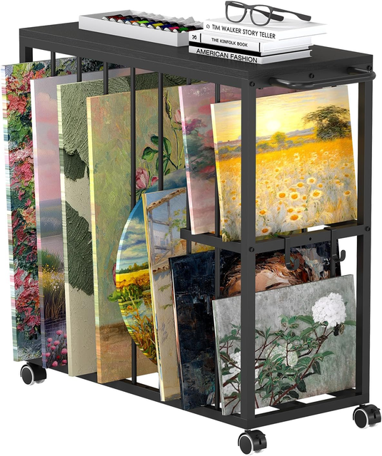 Modern Living Room Storage Art Cart Rolling Wheels Metal Display Rack for Paintings Posters Movable Organizer Handle