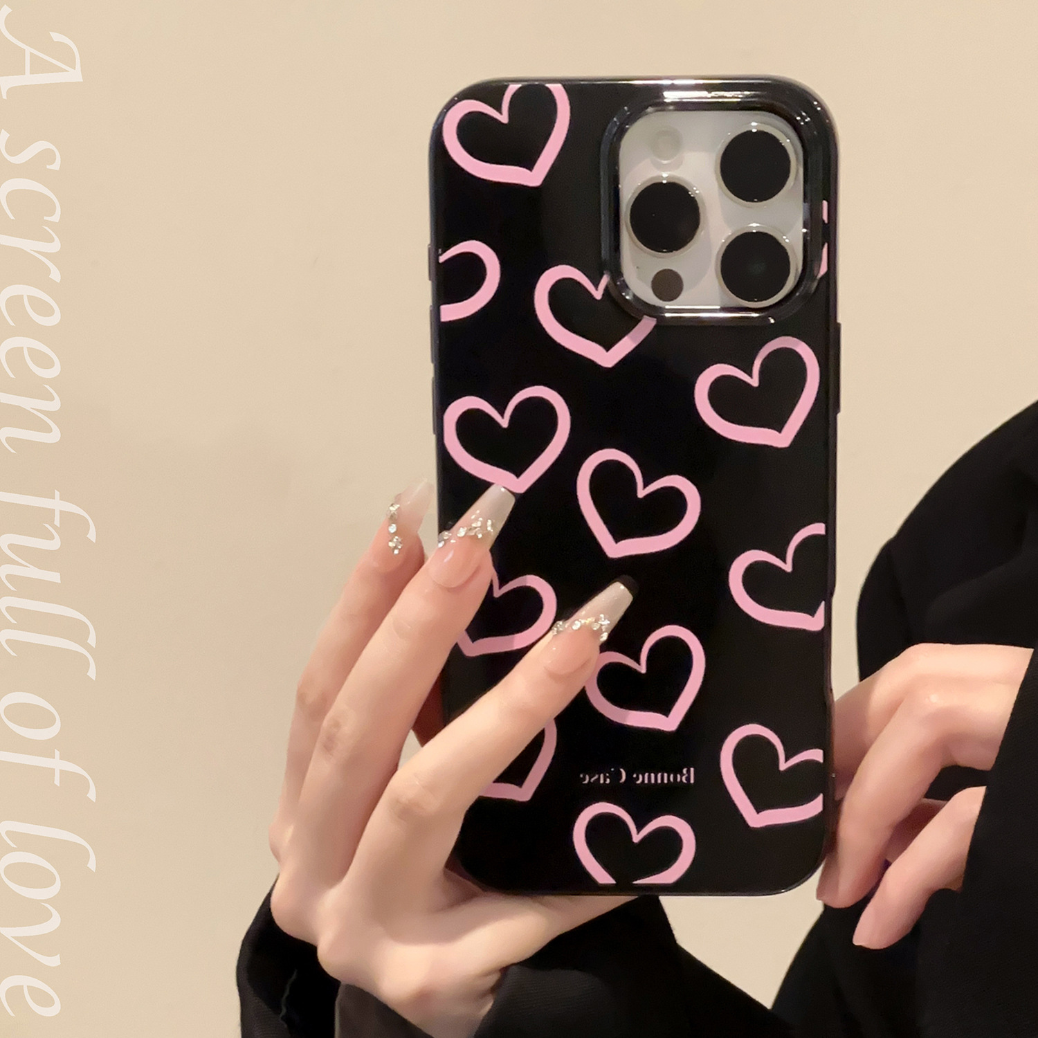 Glossy black with hollow pink hearts