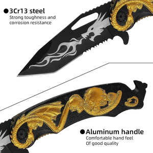 Cuchillo de Bolsillo Plegable HL con Patrón de Dragón Dorado en Relieve 3D, para Supervivencia al Aire Libre y Camping - Product Image 3