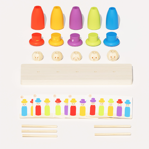 Puzzle di ordinamento Montessori per bambini piccoli, gioco in legno con 5 figure per abbinare colori e impilare, con carte con espressioni e cappelli - Product Image 4