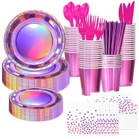 Ensemble de vaisselle de fête universel en papier rouge rose vibrant pour les fêtes d'anniversaire sur le thème des sirènes et des discothèques
