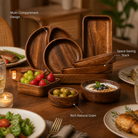Plateau de service ovale en bois d'acacia à double compartiment, 21 cm, pour salade, fruits, en-cas, vaisselle japonaise en bois massif