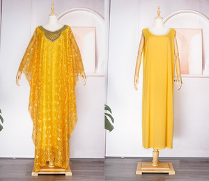 Ensemble <span class=keywords><strong>3</strong></span> <span class=keywords><strong>Pièces</strong></span> Dashiki Robes Africaines pour Femmes Printemps Été, Longue Robe Musulmane avec Intérieur et Foulard, Vêtements Africains - Product Image 4