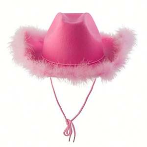 Nouveaux chapeaux de cowgirl roses de style occidental unisexes, chapeau Fedora à bord roulé avec bordure en plumes pour festival, fête, pêche, au design féminin - Product Image 3