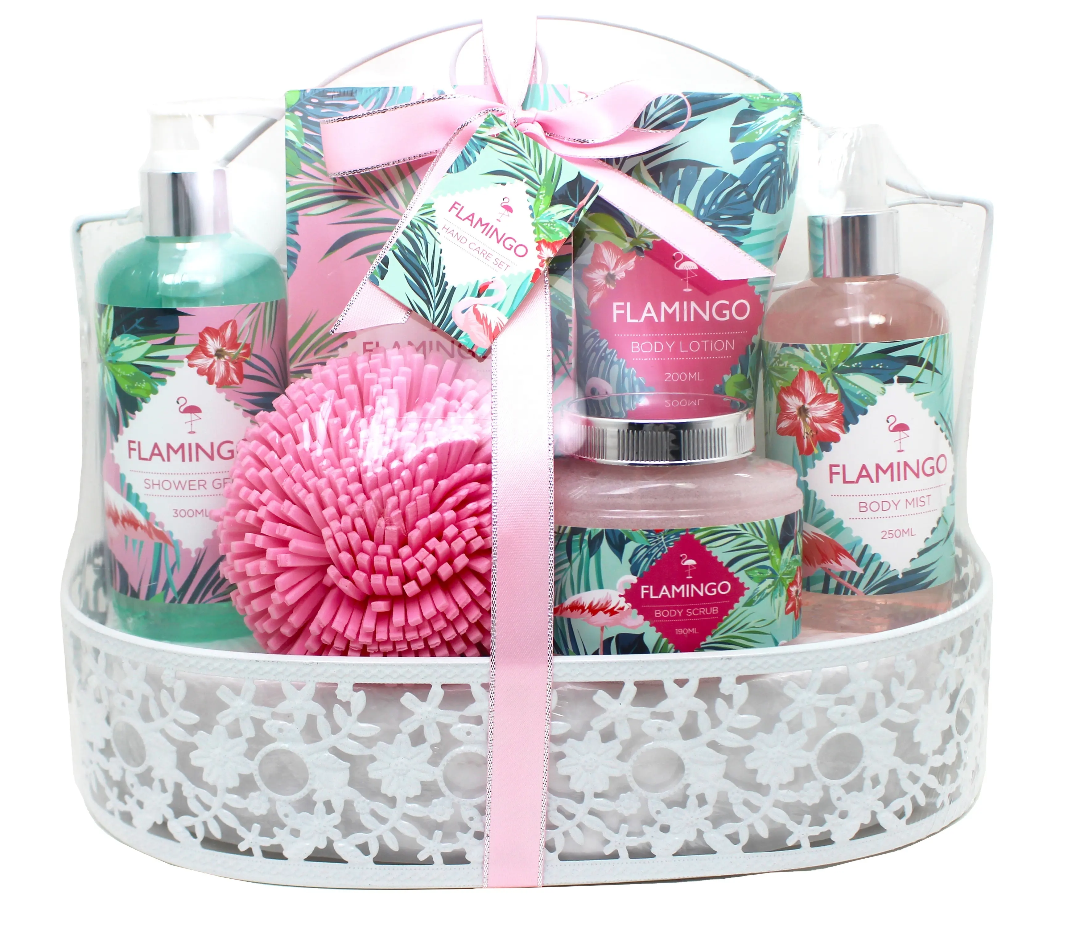 Wholesale flamingo label moisturize body care spa wire basket bath and body bath gift set