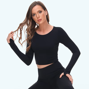 Kemeja Yoga lengan panjang elastis untuk wanita, kemeja nilon spandeks tahan bakteri tembus udara dengan desain leher rendah dan lubang jempol untuk wanita - Product Image 6