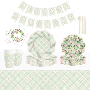 Ensemble de vaisselle sur le thème de la rose verte DAMAI pour fête du thé, anniversaire d'enfants, printemps, assiettes en papier, gobelets, serviettes, ensemble floral à carreaux verts - Product Image 4
