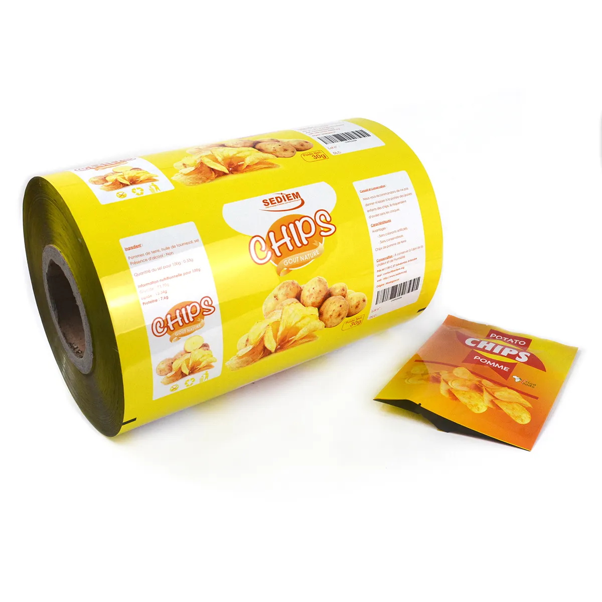 Bolsita laminada personalizada, embalaje de patatas fritas de Mylar, rollo de película de grado alimenticio, rollo de película de plástico para embalaje de alimentos