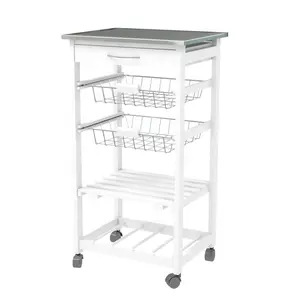 Custom 5 Tier Stainless Steel Top Modern White Elegant Household Bathroom Wood Kitchen Island Cart Serving Trolley with Wheels