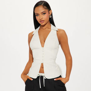 Chaleco Camisero sin Mangas con Cuello Polo y Botones para Mujer, Corte Entallado, Diseño Ajustado a la Cintura, Estilo Minimalista y Elegante - Product Image 1