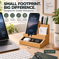 Organisateur de bureau compact en bambou de luxe moderne, support de téléphone, porte-stylos, plateau à accessoires, gestion des câbles, écologique, pour la maison et le bureau, OEM