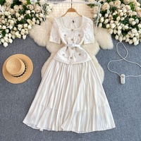 Robe décontractée élégante pour femmes WIWT, robe mi-longue à manches courtes avec ceinture, robe à volants en dentelle patchwork, pour tous les jours et les soirées