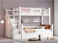 Lit superposé moderne pour enfants avec tiroirs et escalier, en bois écologique blanc et rose pêche, durable pour chambres et appartements