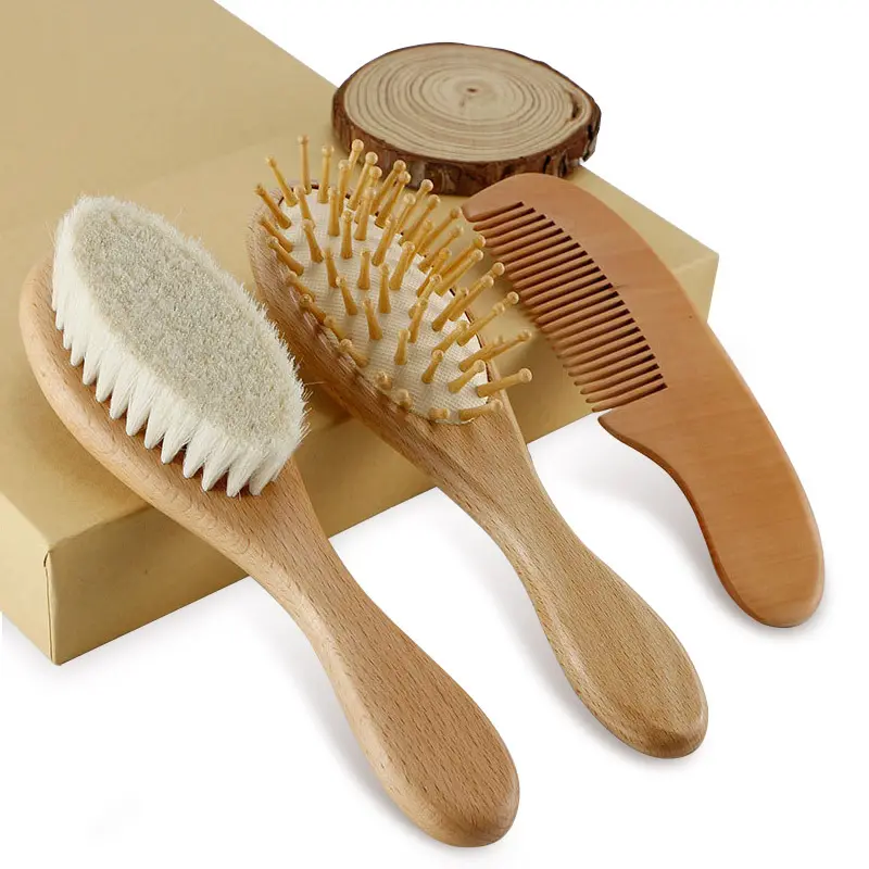 Wholesale Newborn Infant Hair Care Tool Baby Shower Clean Brush Massage Wooden Baby Hair Brush Set