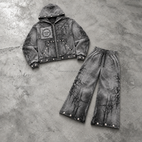 Ensemble sweat à capuche zippé gris délavé et pantalon large pour homme avec motif graphique abstrait, style streetwear OEM ODM