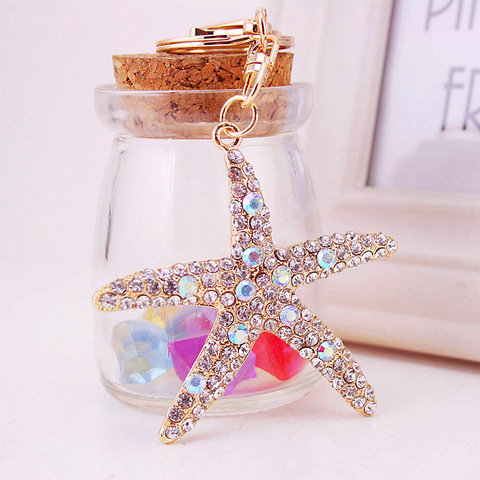 Creative Lovely Diamond Inlaid Crystal Starfish Car Key Chain Metal Pendant Women's Bag Key Chain Small Gift