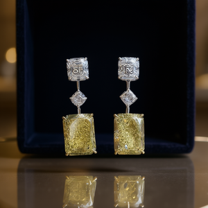 Pendientes de lujo de oro blanco con diamantes, piedra principal de corte esmeralda amarillo intenso y diamantes laterales de color D para boda, para mujer - Product Image 2