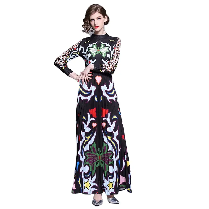 Spot XC5395075 spring catwalk stand collar slim high waist pleated abstract leopard long dress