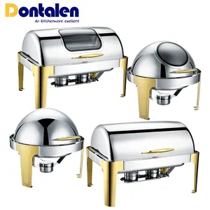 Dontalen 6L 9L Luxury Gold Plated High-end Stainless Steel Roll Top Chafing Dish Food Warmer With Visible Glass