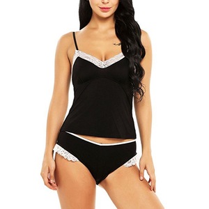 Nuevo conjunto de dos piezas de lencería negra de estilo europeo y americano, de imitación de seda, moderno y cómodo, con ribete de encaje. - Product Image 3