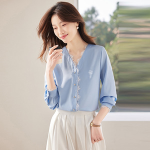 Lace Trimmed Women's Shirt Long Sleeve <b>Satin</b> <b>Blouse</b> Solid Color Everyday Wear - Product Image 3