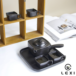 Service à thé carré en céramique noir mat LEXI avec plateau, quatre tasses, design moderne <span class=keywords><strong>et</strong></span> minimaliste durable pour la maison, le bureau, les cadeaux d'affaires - Product Image 2