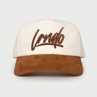 Casquette de papa 5 panneaux en daim brodé 3D, visière incurvée, bicolore, non structurée, style vintage, avec logo personnalisé