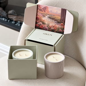 Bougie parfumée Aikun Pastel en céramique à double mèche avec boîte cadeau illustrée et emballage de protection de marque pour la décoration intérieure - Product Image 1