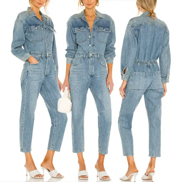 Jumpsuit Denim Wanita Ramping Lengan Panjang Satu Potong Musim Gugur Kualitas Tinggi Kasual Harian Jumpsuit Jeans Wanita