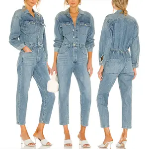 Macacão feminino jeans, alta qualidade, outono, peça de manga comprida, slim, macacão feminino, diário, casual
