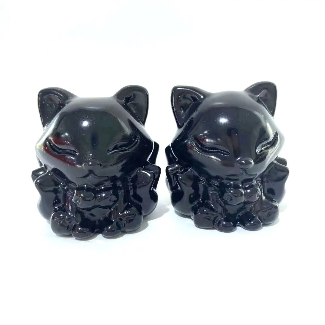 High Quality Natural Black Obsidian Crystal Hand Crafted Cartoon Nine Tailed Fox For Gift _XCG