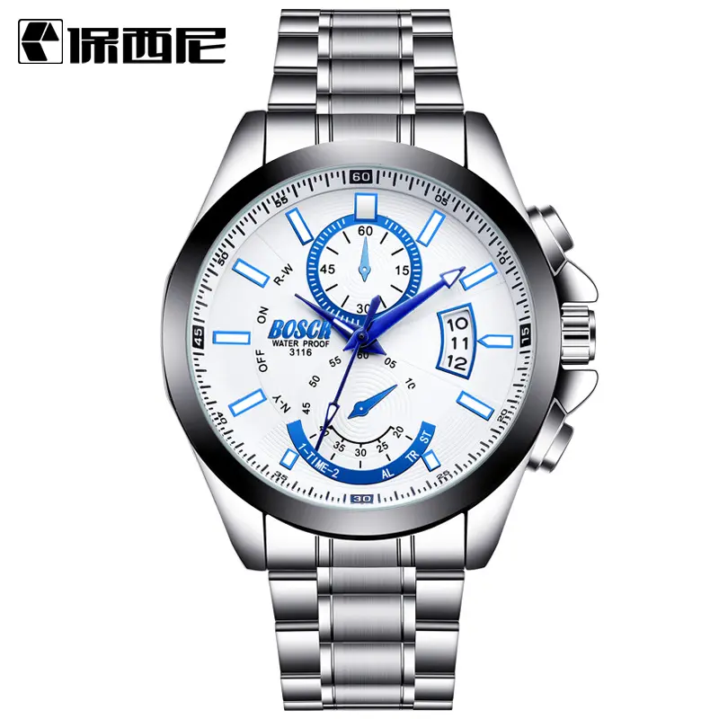 Custom logo Bosck 3116 Stainless Steel calendar large dial luminous hot style luxury mens large watches