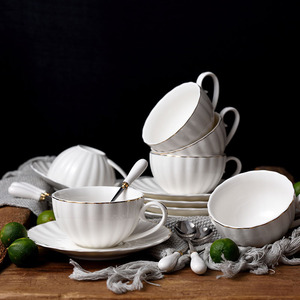 Ensemble de tasses à café et soucoupes en céramique à bord doré, blanc, pour le thé de l'après-midi, vente en gros - Product Image 2