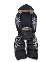 Ensemble survêtement streetwear homme Y2K : Joggers double taille imprimé léopard avec strass personnalisés et sweat à capuche ample