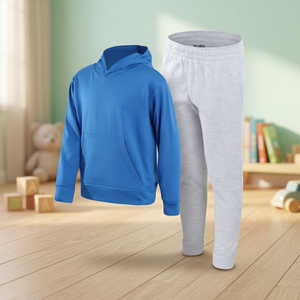 Ensemble sweat-shirt à capuche bleu avec poche et pantalon de survêtement gris en molleton unisexe, vêtements décontractés d'automne, coupe classique, coton tricoté - Product Image 4