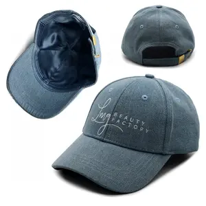 Benutzer definierte Stickerei Logo Distressed Denim Baseball Cap mit Seide Satin gefüttert Modedesign Patch Jeans Baseball Hüte 100% Baumwolle