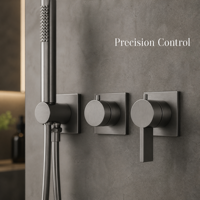 Système de douche encastré mural de luxe gris anthracite brossé avec pommeau de douche pluie et douchette à main, mitigeur 2 voies