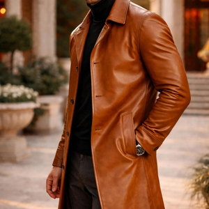 Wholesale <b>Men's</b> Genuine Leather <b>Coat</b> Breathable Satin Long <b>Trench</b> <b>Coat</b> Standard Size Single Overcoat Regular Fit Long Sleeve - Product Image 6