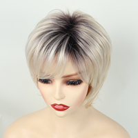 Peluca corta de dos tonos al por mayor de fábrica, peluca rubia con corte pixie y reflejos, pelucas rizadas naturales con flequillo lateral para mujer