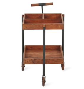 Rustikaler 2-stöckiger Servierwagen aus Akazienholz, klassischer Küchenwagen mit unterteilter Oberseite und Holzgriff - Product Image 1