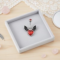 Piercing de nombril en acier inoxydable 316L 14G, motif crâne gothique, aile de chauve-souris, cœur rouge et zircon cubique, barbell incurvé à filetage interne